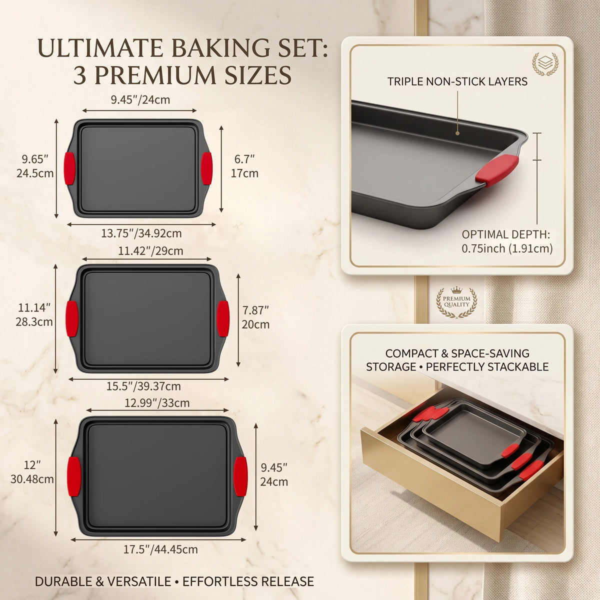 3Pcs Carbon Steel Non‑Stick Baking Pan Set With Red Silicone Handle....