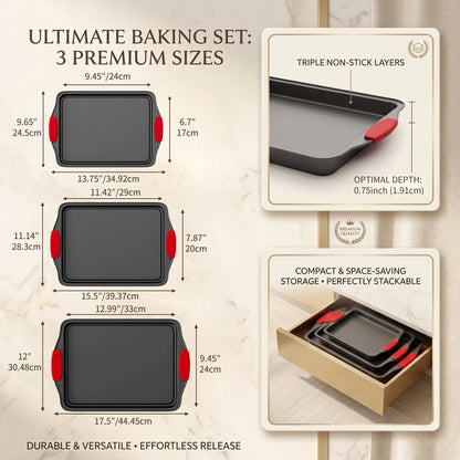 3Pcs Carbon Steel Non‑Stick Baking Pan Set With Red Silicone Handle....