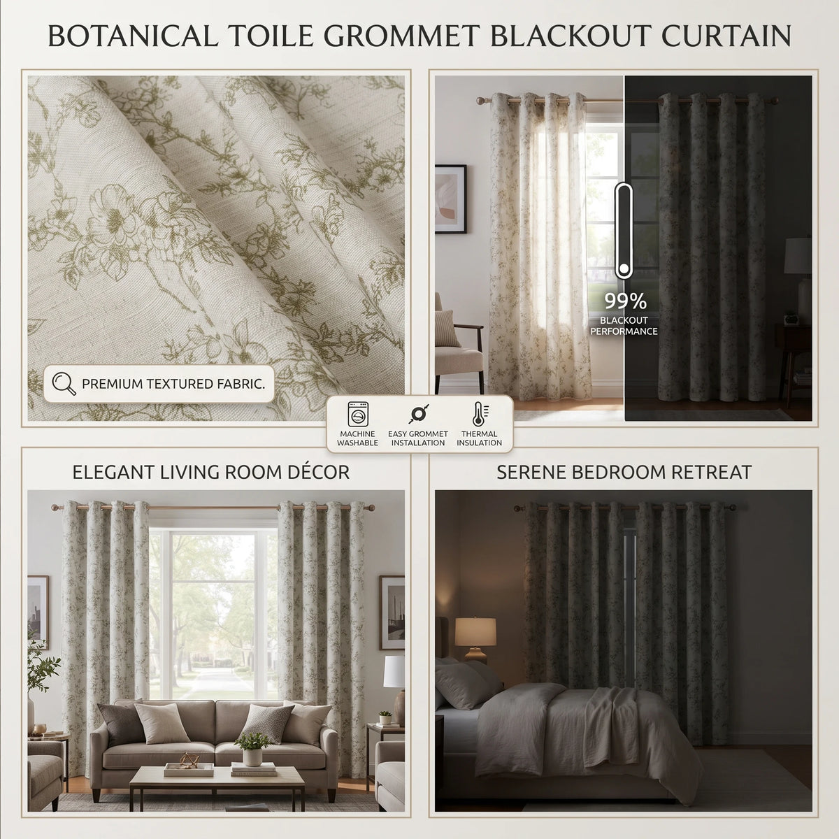 Botanical Green Floral Blackout Curtains 4 Panels Set, Total Blackout, with White Coating Backing, 4 Sizes.....