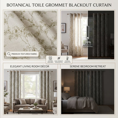 Botanical Green Floral Blackout Curtains 4 Panels Set, Total Blackout, with White Coating Backing, 4 Sizes.....