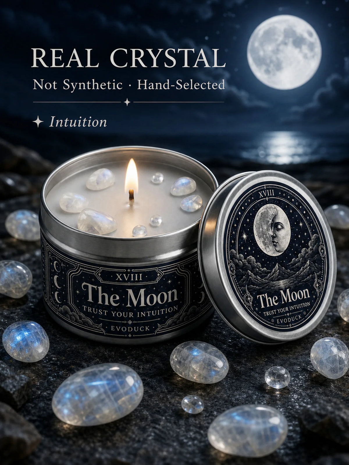 The Moon Tarot Scented Candle with White Crystal Stones, Trust our Intuition, Candle for Meditation, Comes In 1/2/3 Sets.....