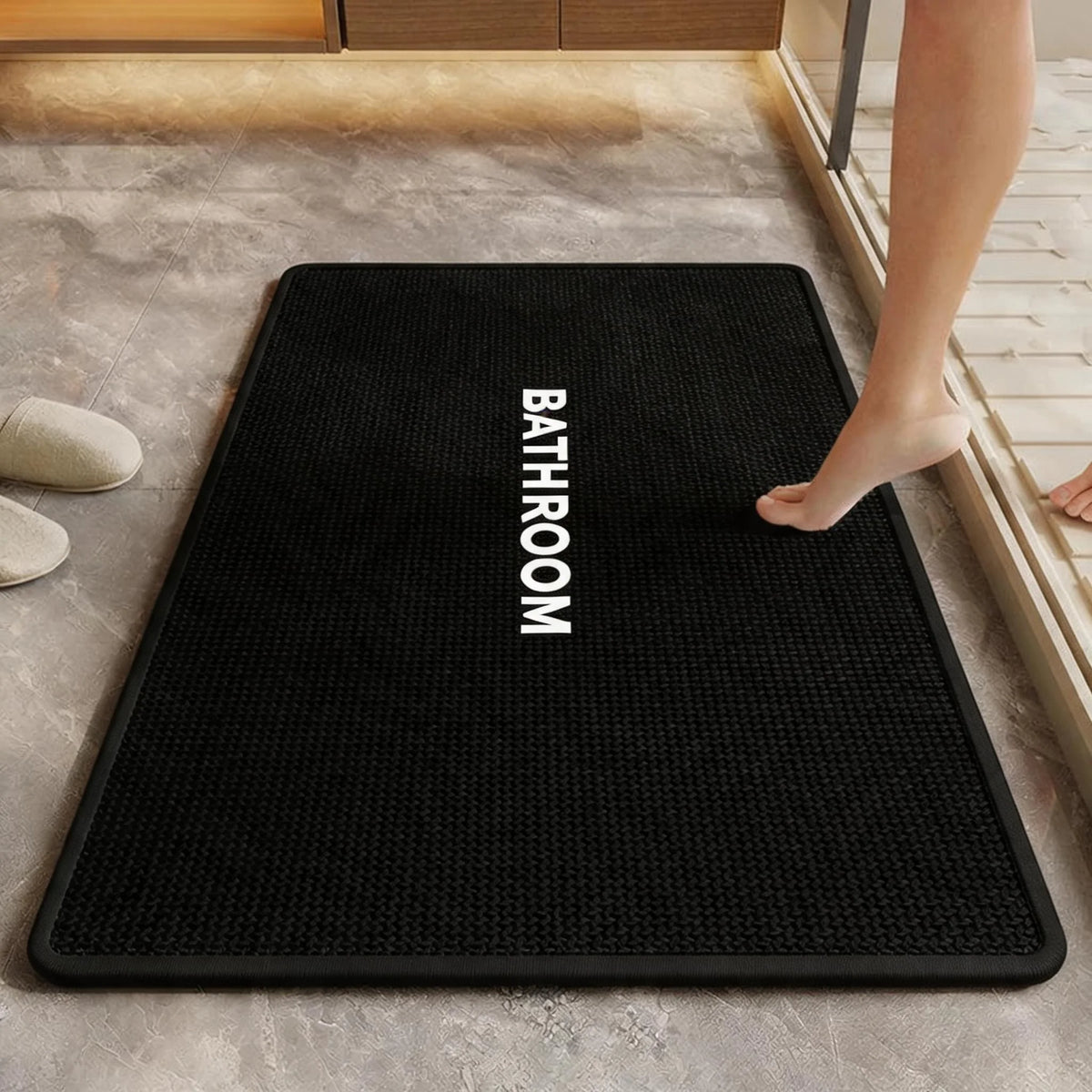 Square Bathroom Mat, Woven-Look Absorbent Rug with Non-Slip
