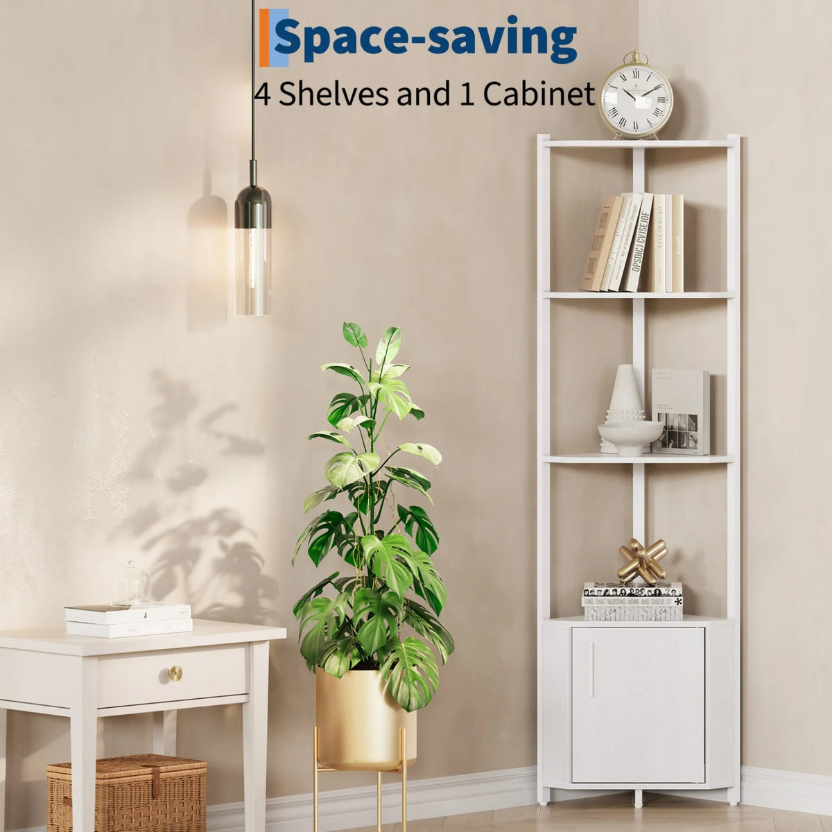 5-Tier Wooden Corner Shelf Stand, 58.27'' with Metal Frame...