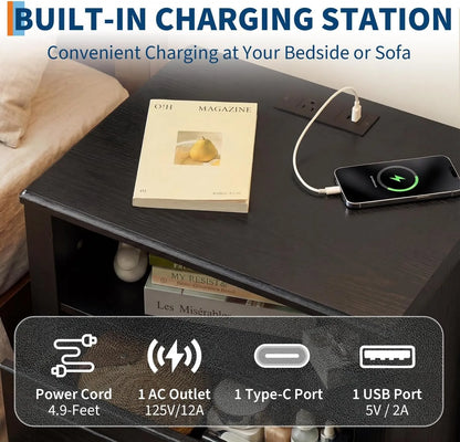 Nightstand with Charging Station 2 Drawers and Open Shelf with USB Type C Port AC Outlet
