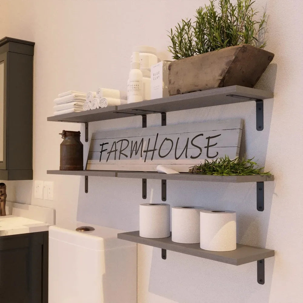 Set of 5 Rustic Floating Wooden Wall Shelves, Anti-Fall Metal Guardrail....
