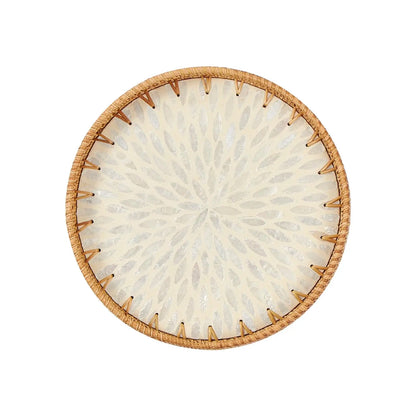 Woven Rattan Wicker Tray with Mother of Pearl Inlay With Wooden Base.....