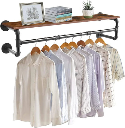 Rustic Wall Mounted Metal Clothes Hanging Rack with Wood Shelf, 39.3x9.8x8.6 inch....