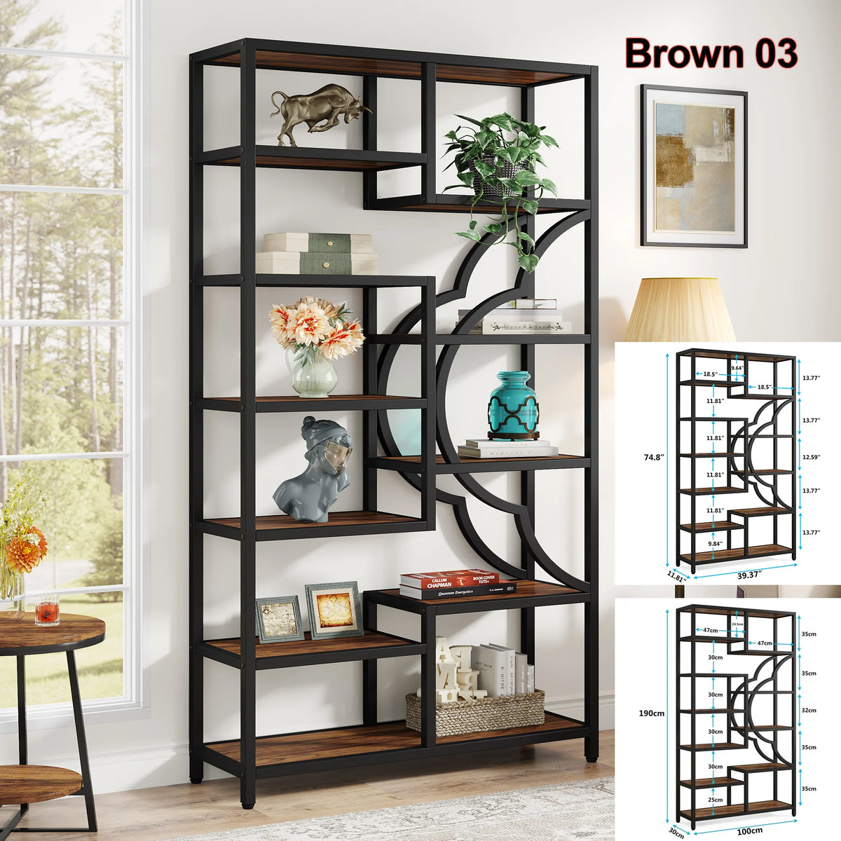 Bookshelf, 5 Tier Etagere Bookcase, Freestanding, 11.81"D x 37.4"W x 68.89"H