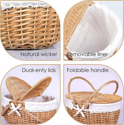 Natural Rattan Handwoven Wicker Picnic Basket with Lid and Handle 15"  with Washable Lining ...