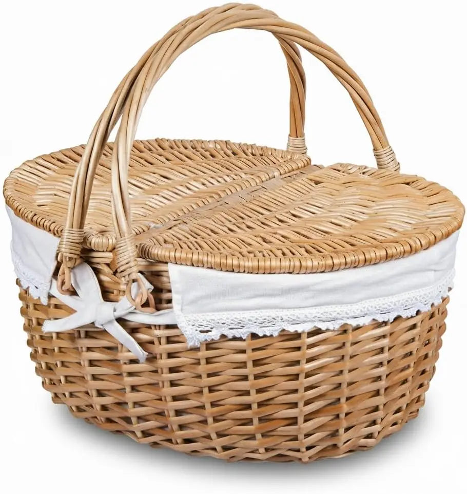 Natural Rattan Handwoven Wicker Picnic Basket with Lid and Handle 15"  with Washable Lining ...