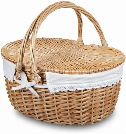 Natural Rattan Handwoven Wicker Picnic Basket with Lid and Handle 15"  with Washable Lining ...