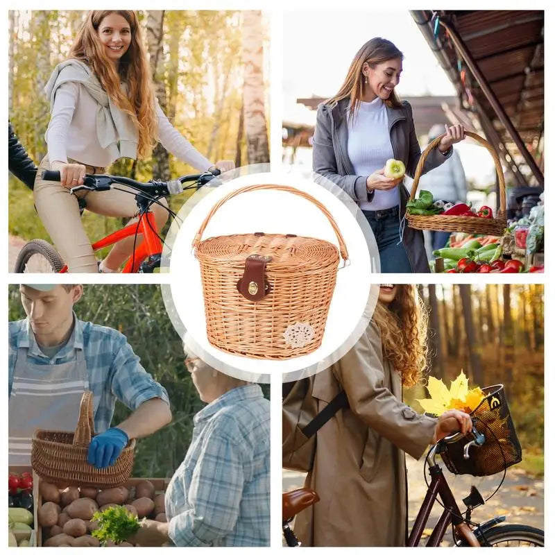 Wicker Bicycle Basket Handlebar For Bicycle With Liner And Cover