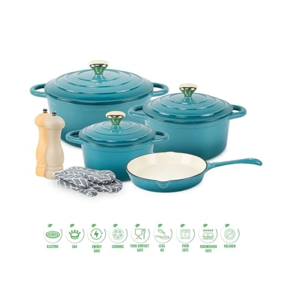 Enameled 7PCS SET Cast Iron Dutch Oven Cookware, Set includes: 24cm Dutch Oven......