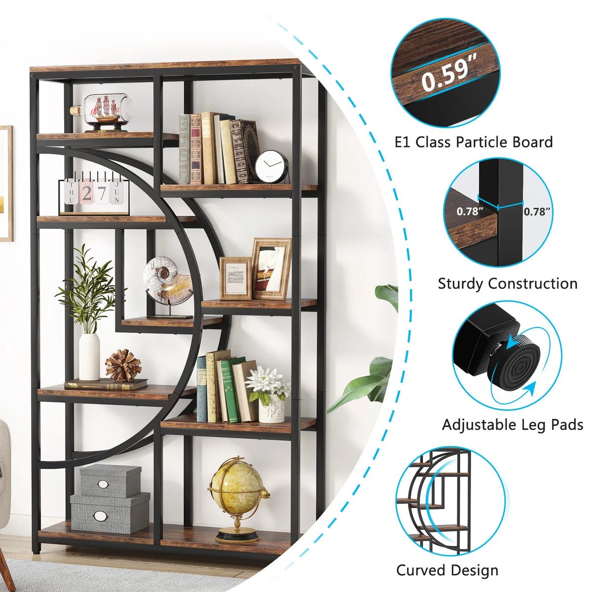Bookshelf, 5 Tier Etagere Bookcase, Freestanding, 11.81"D x 37.4"W x 68.89"H