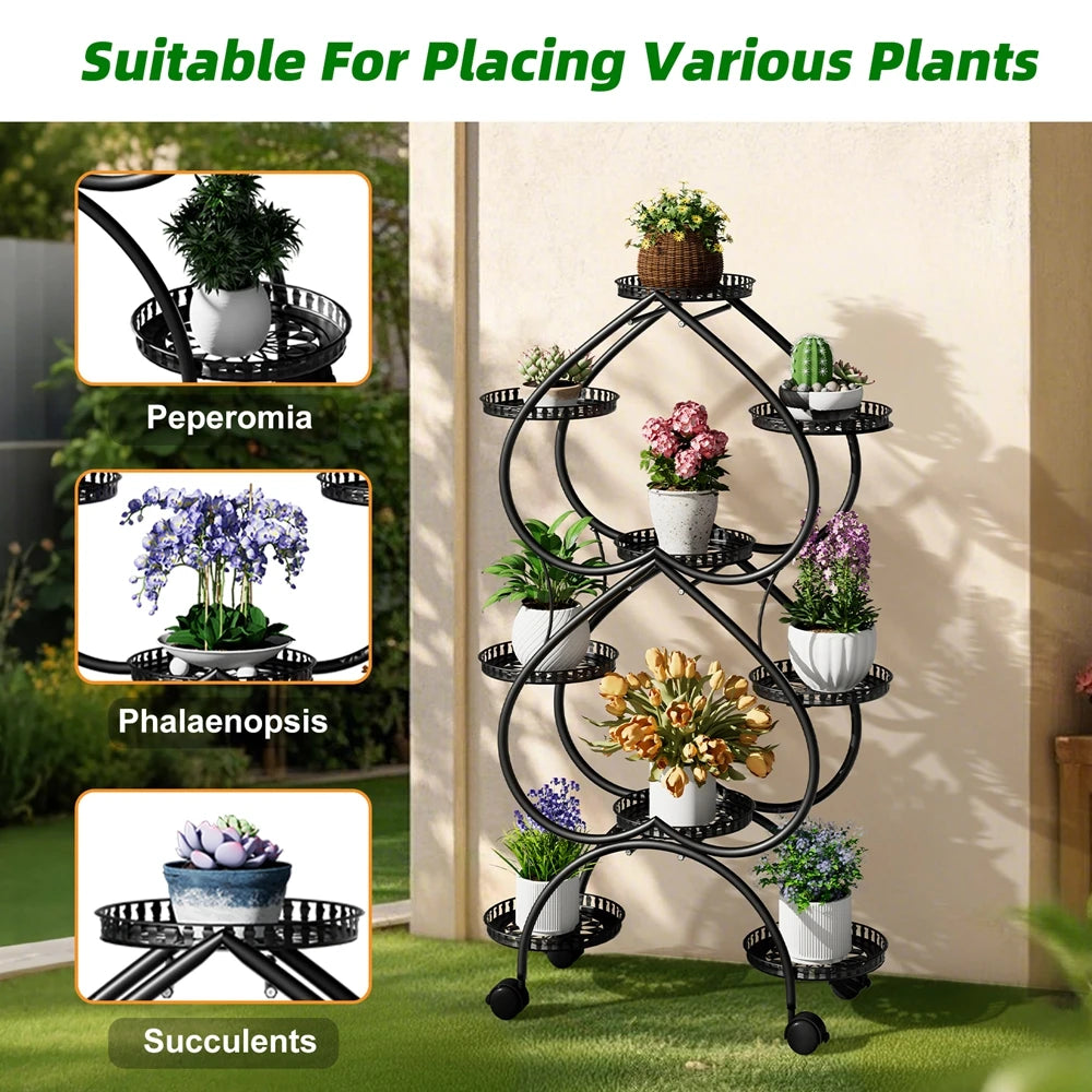 Metal Plant Stand 9-Pot Diameter 9.84 inch, Rolling Display Rack With Wheels Indoor Outdoor, 28.74x11.81x48.82 inches
