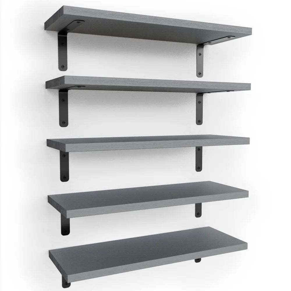Set of 5 Rustic Floating Wooden Wall Shelves, Anti-Fall Metal Guardrail....