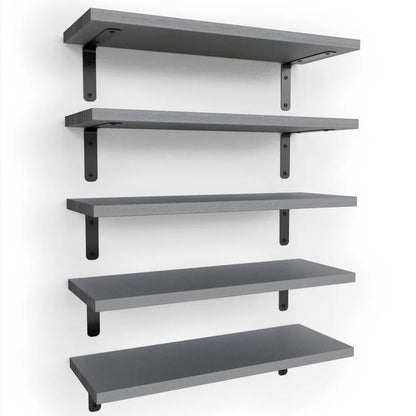 Set of 5 Rustic Floating Wooden Wall Shelves, Anti-Fall Metal Guardrail....