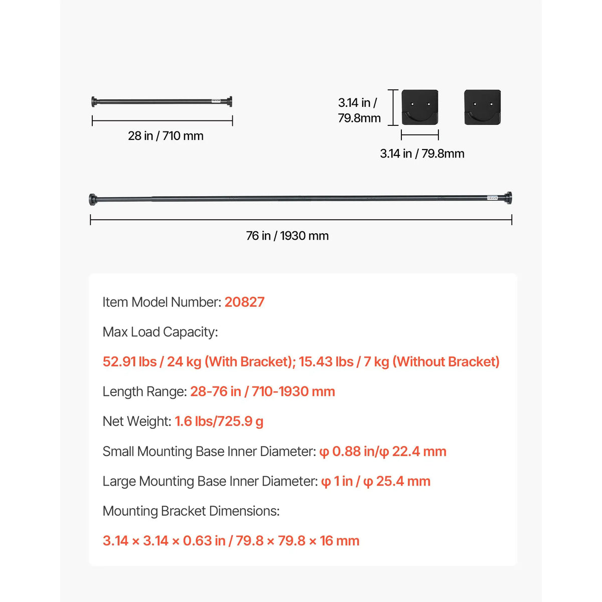 28-76 Inches, 1 Inch Diameter, Adjustable, Stainless Steel, Tension Shower Curtain, Closet Rod.....