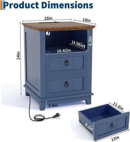 18 Inch Wood Nightstand with USB Charging Station 2 Drawer End Table, Blue