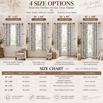 4 Panels, 4color Set Floral Print Blackout Curtains, Grommet Eyelet Energy, 4Sizes
