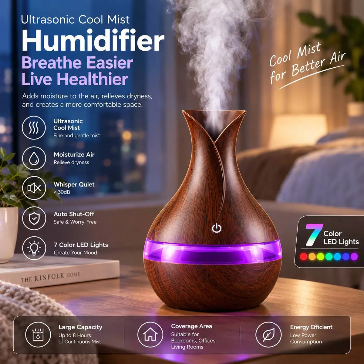 6 In Wood Grain Vase-Shaped. Humidifier, Aromatherapy for Home 7 Color LED Night Light, Auto Shut-Off, for Yoga Spa