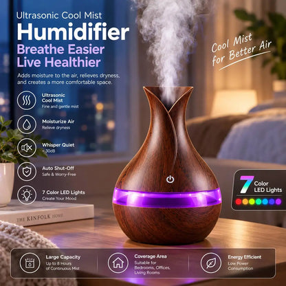 6 In Wood Grain Vase-Shaped. Humidifier, Aromatherapy for Home 7 Color LED Night Light, Auto Shut-Off, for Yoga Spa