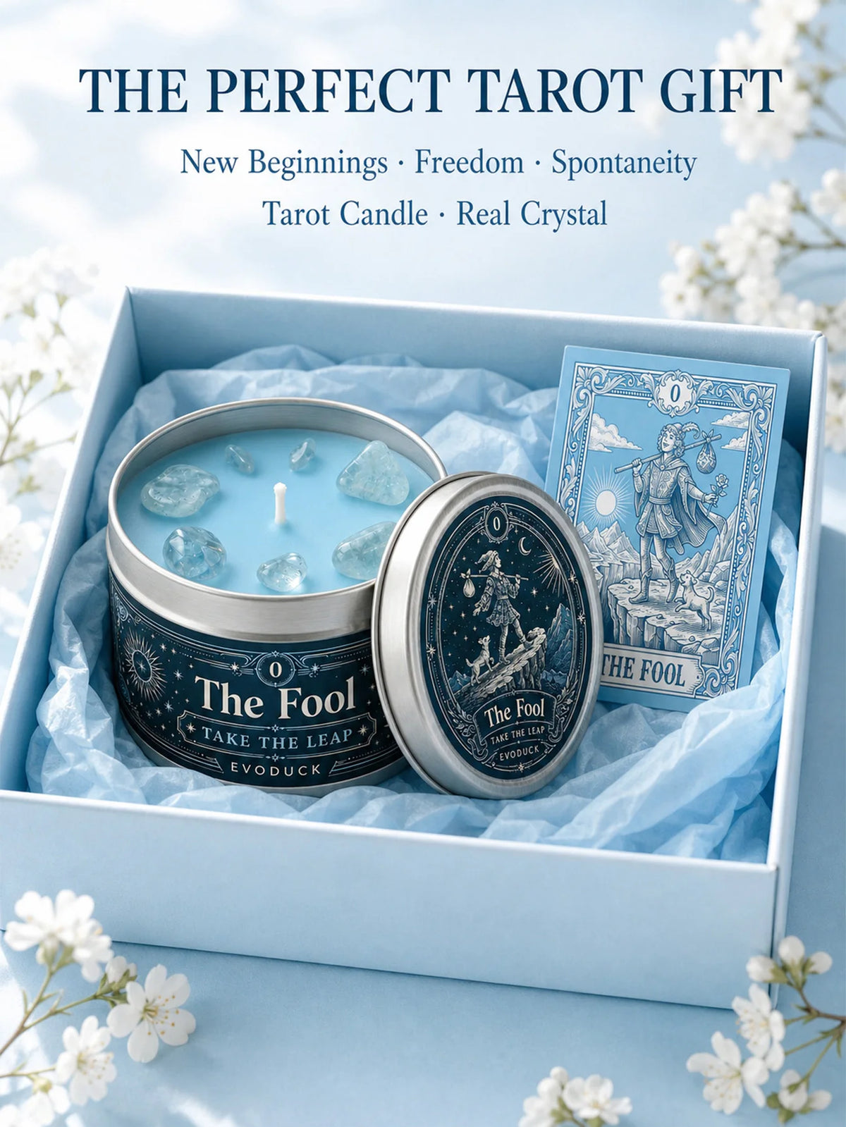 The Fool Tarot Candle, Bergamot & White Blossom Scented Candle3 Oz., with Clear Crystal Stones, Candle for Meditation, New Beginnings, 3/2/1 Sets...