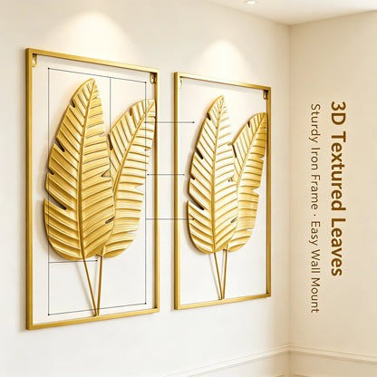 2PCS Gold Metal Leaf Wall Art Set,  Begonia Leaf, W 16 In x H 24 In with Frame