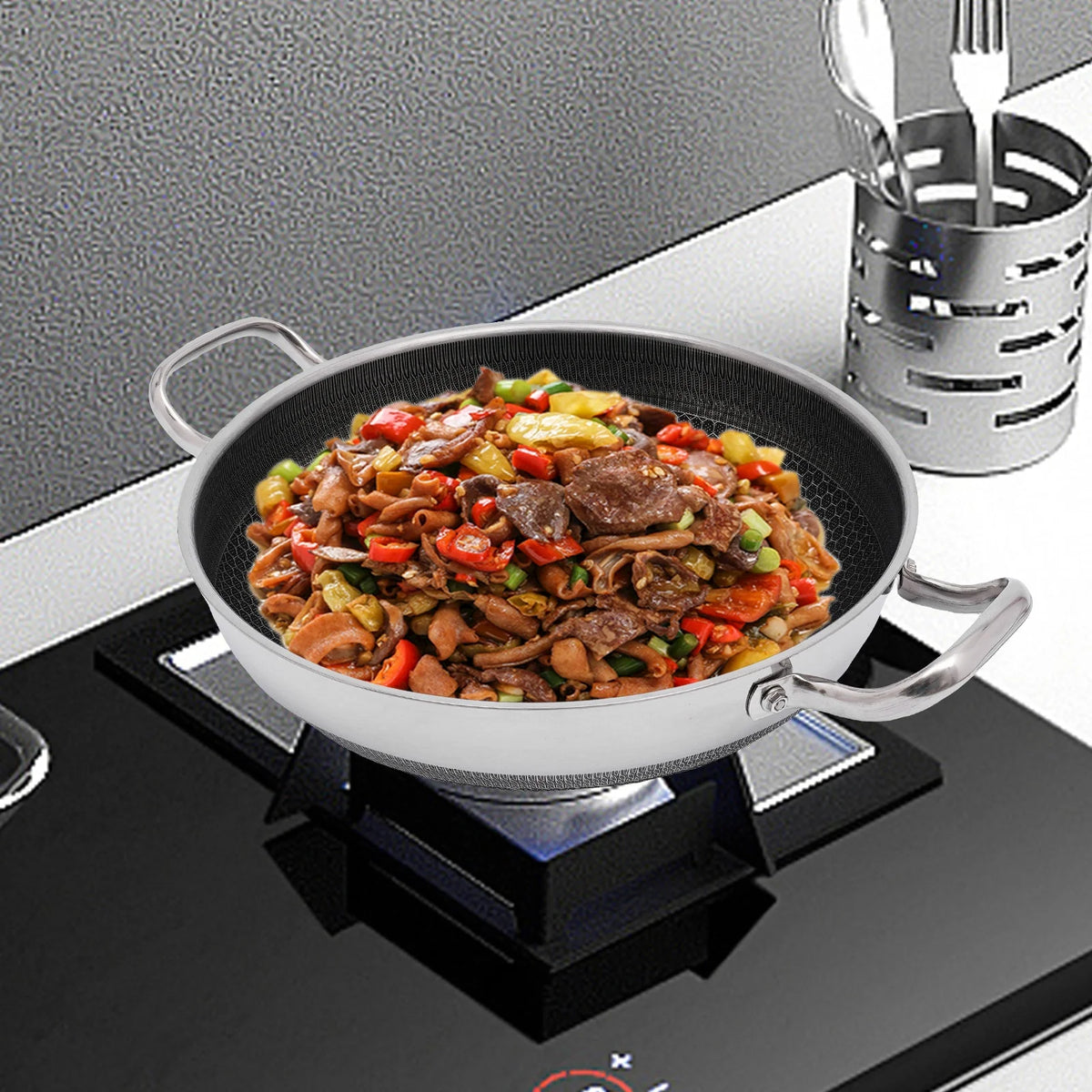 PFAS PFOA Lead Cadmium Free Stainless Steel Nonstick Skillet, Honeycomb Texture 12.59In Visible Glass Lid Included....