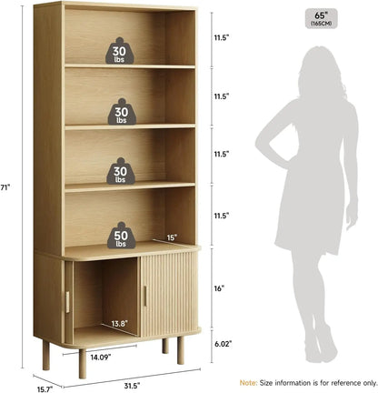 71 Inch Sliding Door Wooden Bookshelf with Adjustable Shelves, Freestanding.....