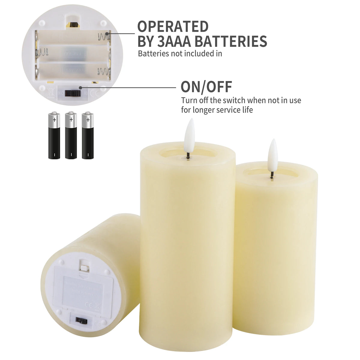 6/5/4 Inch 3 pc. Set Of Flickering Flameless Candles Battery Operated needs 3 AAA Battery's with 10-Key Remote Control Timer, Real Wax....