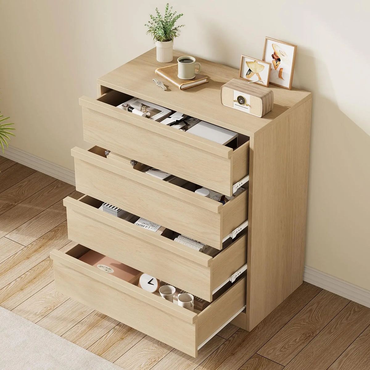 4 Drawer Nightstand Wooden Bedside Table With Large Storage