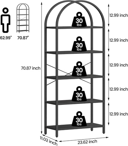 Bookshelf 5-Tier Bookcase with Metal Frame, Freestanding, 60x28x180cm