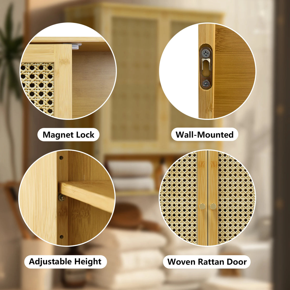 Bamboo Bathroom Wall Cabinet, Over the Toilet, Solid Wood, 3 Shelves, 2 Doors