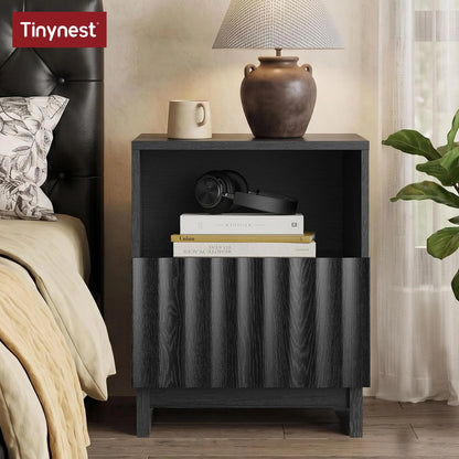Fluted wooden Nightstand, 17.7 inch With Storage Drawers & Open Shelf...
