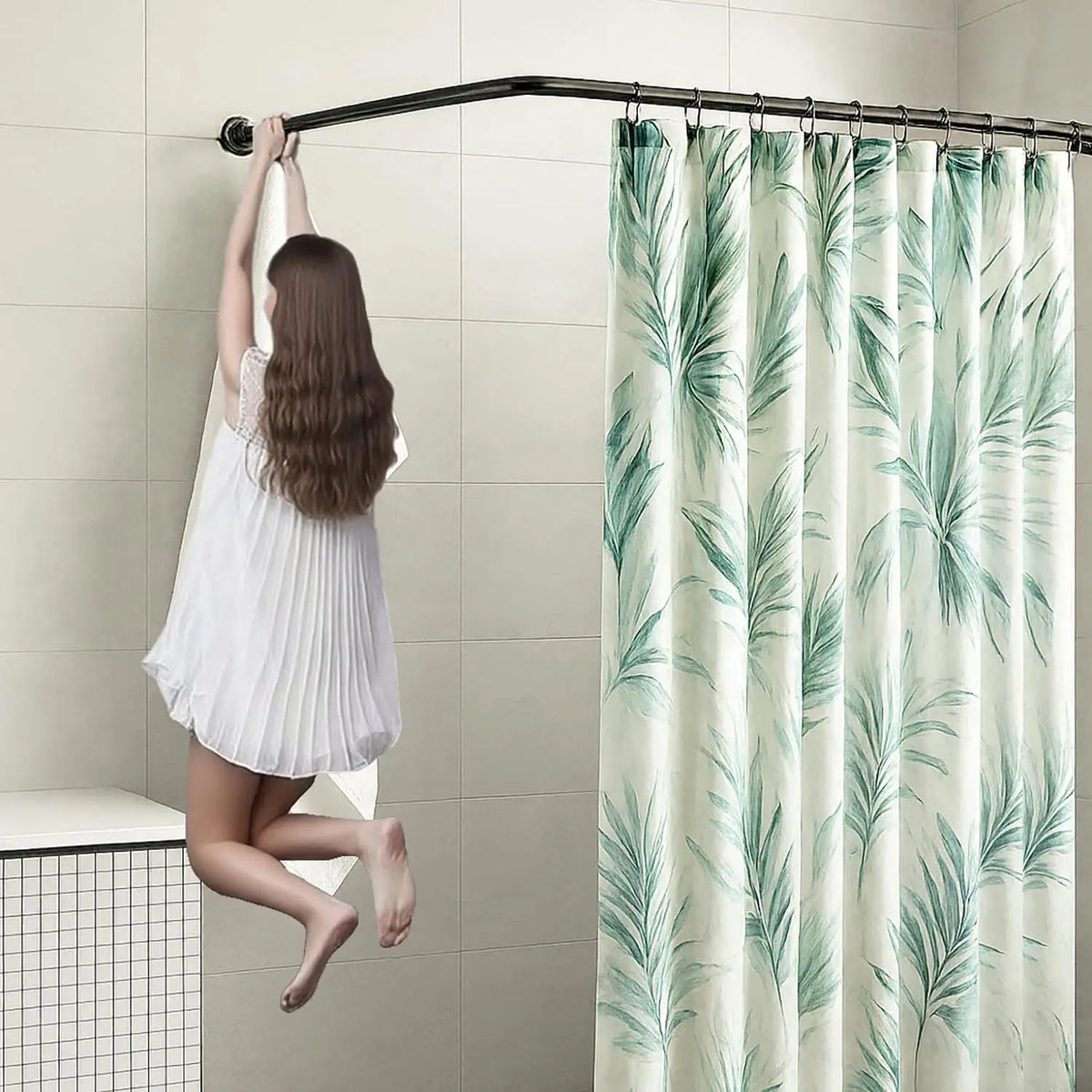 L-Shaped Corner Shower Rod, Black 24"-53"x24"-53" Adjustable, Stainless, 12 Hooks