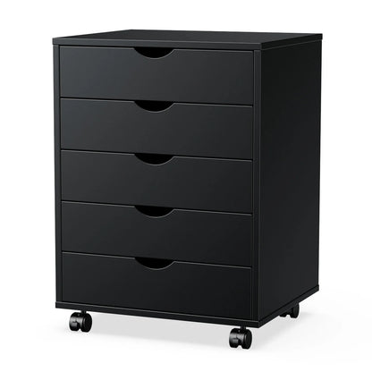 Wood Nightstand Cabinet 5 Drawers Waterproof Surface, Rotating Wheel