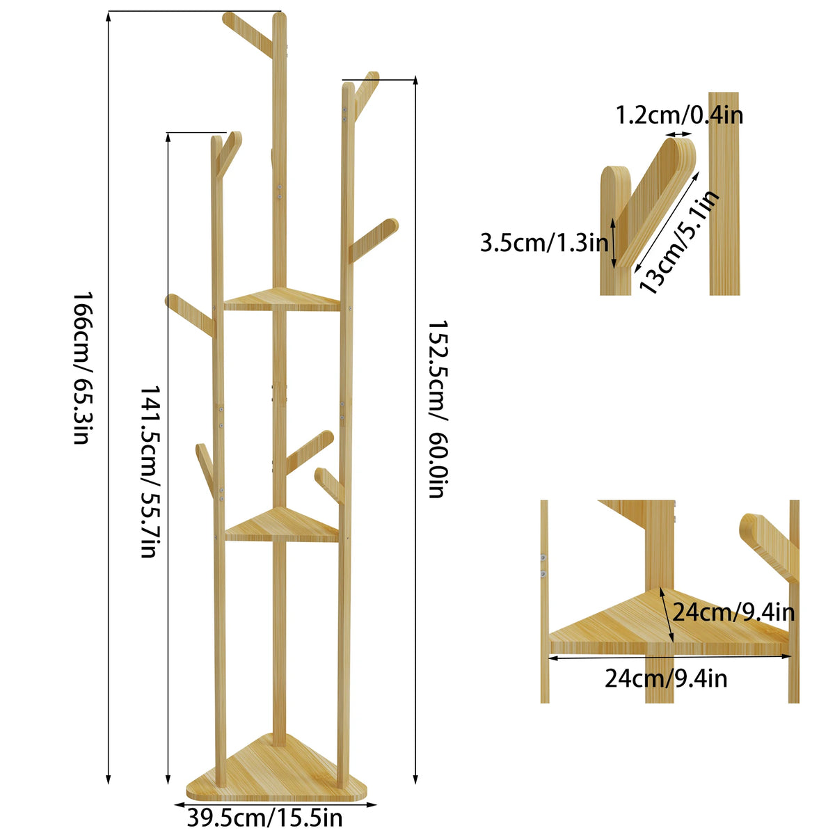 Bamboo Corner Tree Coat Rack, Hooks And Shelves, 65.75 x 15.75 x 15.75in