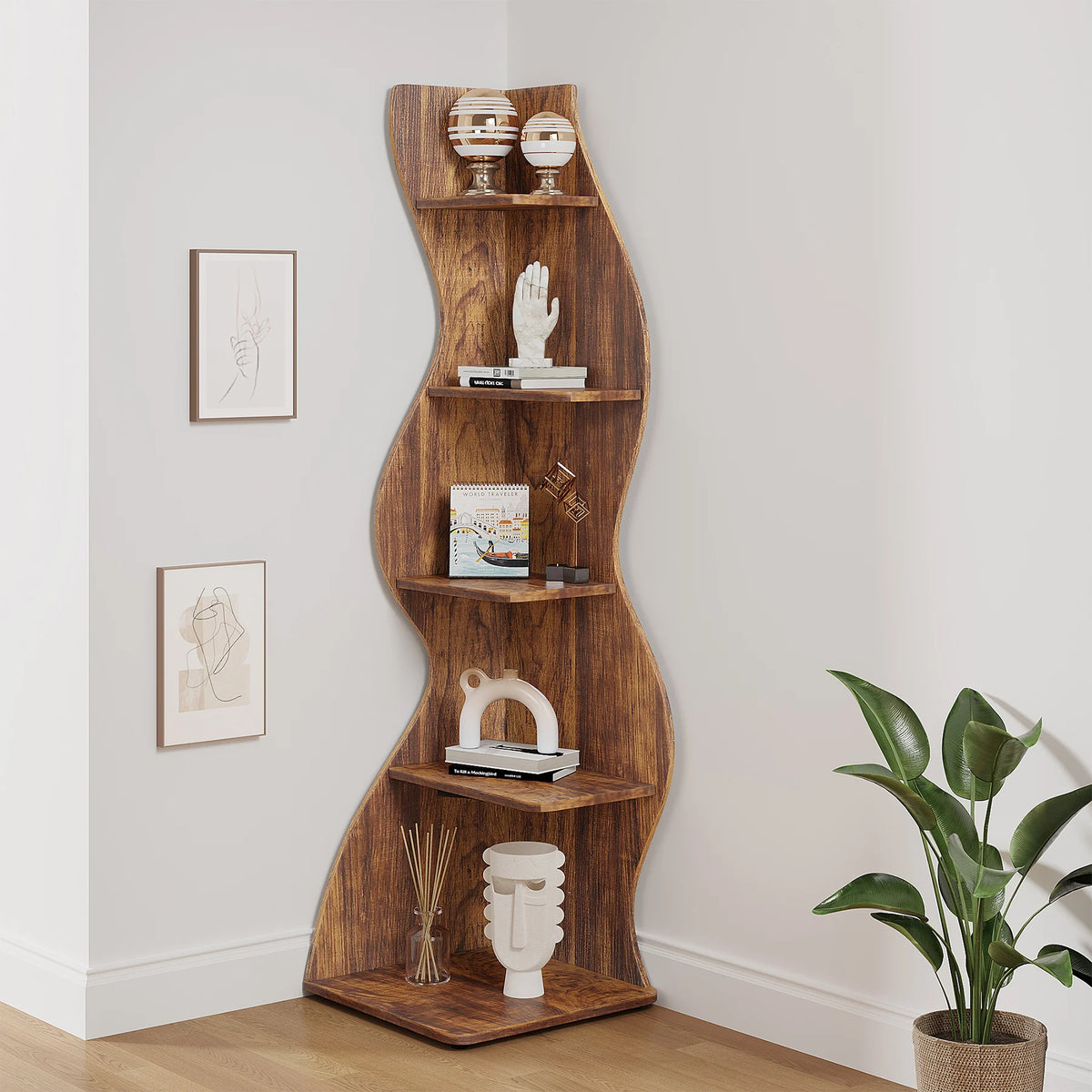 Rustic 5-Tier Corner Wooden Bookshelf, Stylish Bookcase....