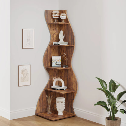 Rustic 5-Tier Corner Wooden Bookshelf, Stylish Bookcase....