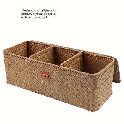 1 Bohemian style storage basket with lid, woven Wicker, with red button closure....