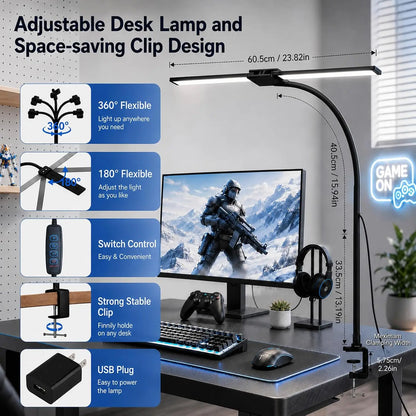 Double Head  LED Desk Lamp with Clamp Dimmable 3 Color Modes 10 Brightness  USB Adjustable...