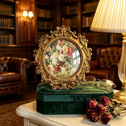 Vintage Gold Round 4x4 Inch Picture Frame, Antique Frame with HD Glass Tabletop & Wall Mount...