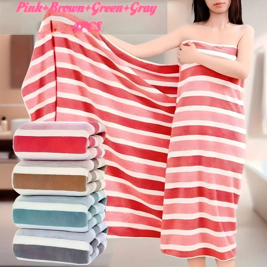 4-Piece Striped Bath Towel Set, Beach Towel, Quick-Dry, Ultra-Soft, Ideal for Home Bathrooms,27.6x55.1 inches,