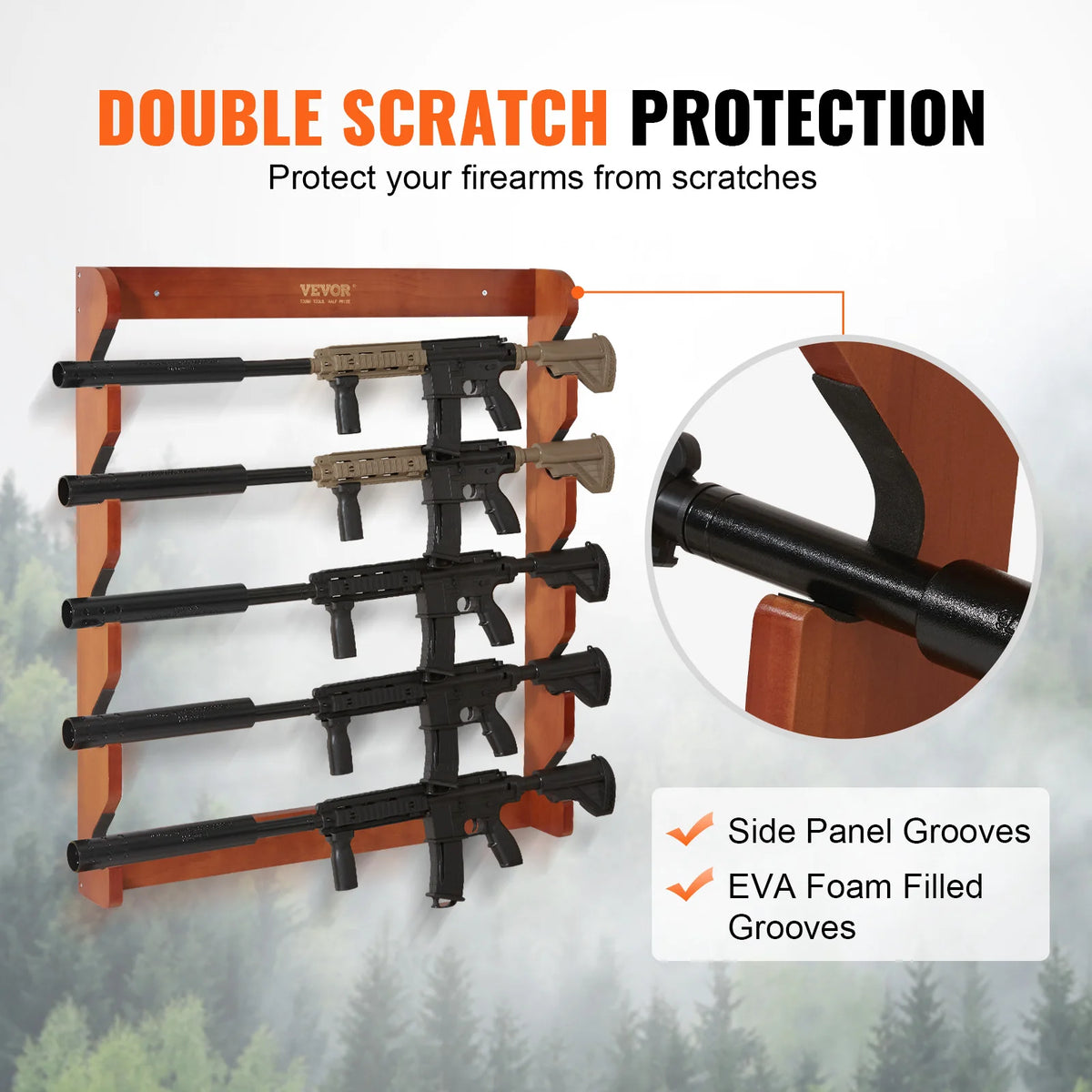 Wood Gun Rack Wall Mount  4/5Rifles Shotguns 132lbs, w/Soft Padding