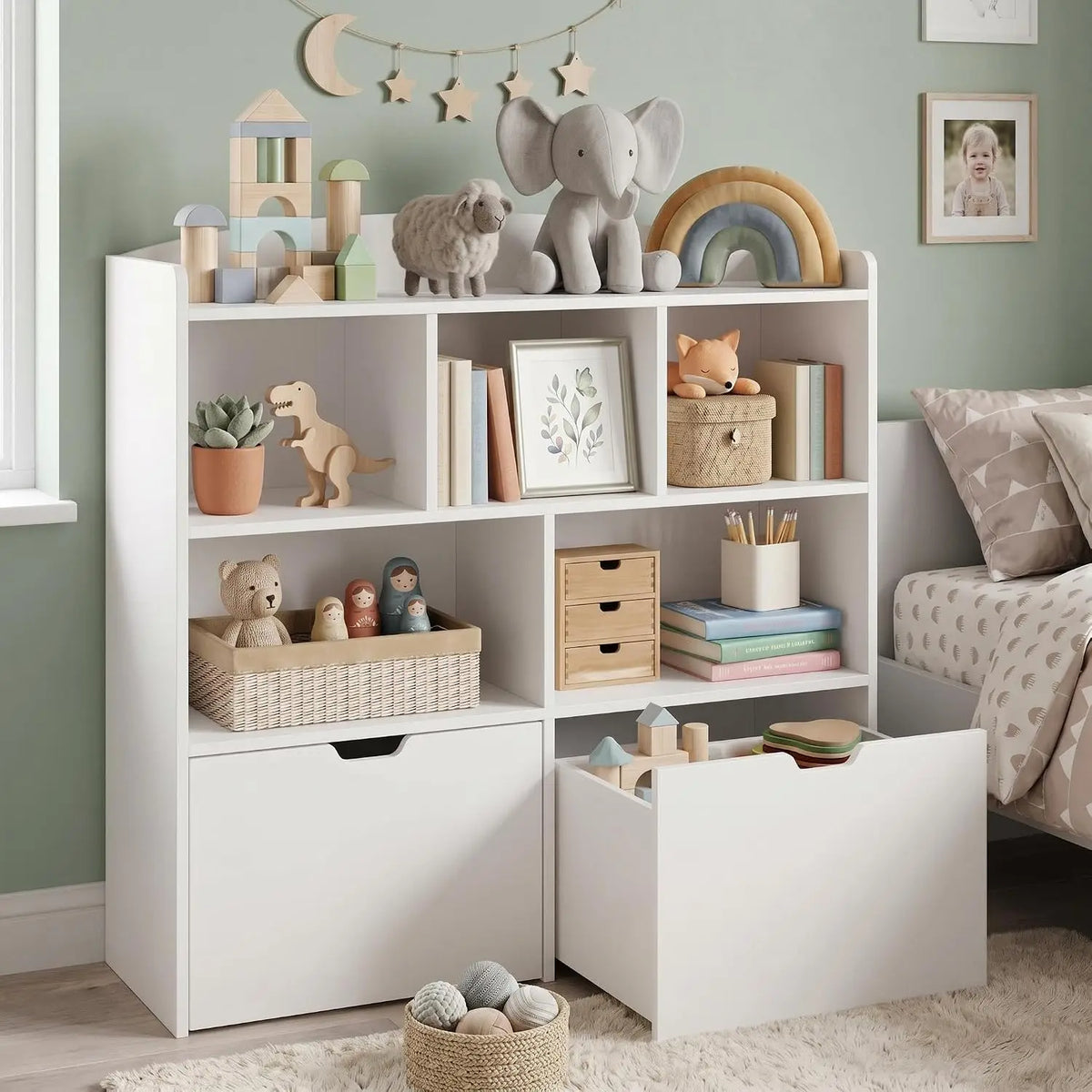 Wooden Toy Storage Organizer with Rolling Drawers, Hidden Wheels, Storage Cabinet