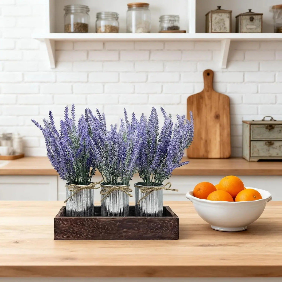3-Piece Lavender Flowers Artificial with Wood Tray Set, with Galvanized Metal Bucket,
