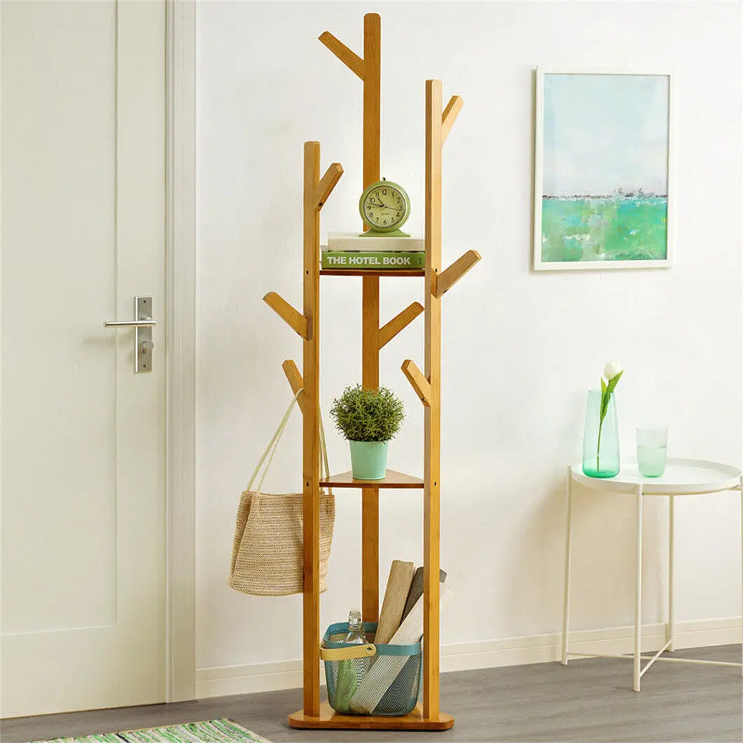 Bamboo Corner Tree Coat Rack, Hooks And Shelves, 65.75 x 15.75 x 15.75in