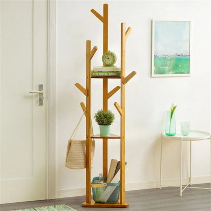 Bamboo Corner Tree Coat Rack, Hooks And Shelves, 65.75 x 15.75 x 15.75in