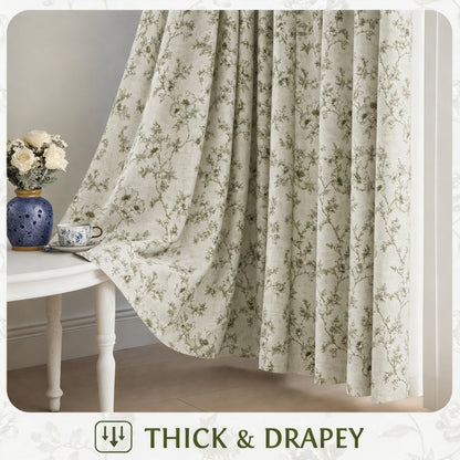 Botanical Green Floral Blackout Curtains 4 Panels Set, Total Blackout, with White Coating Backing, 4 Sizes.....